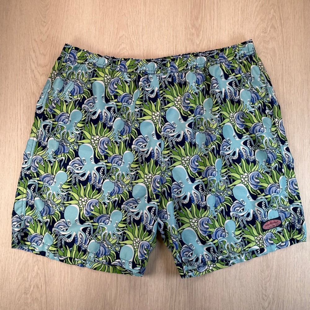 Vineyard Vines Mens XL Octopus Print Swim Trunks Blue Green Mesh Lined Shorts